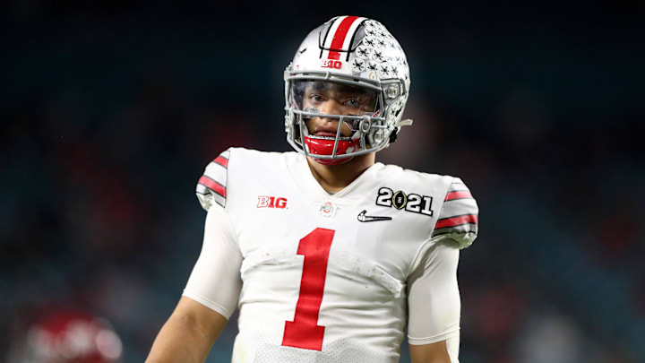 Ohio State Buckeyes quarterback Justin Fields against the Alabama Crimson Tide in the 2021 CFP National Championship Game.