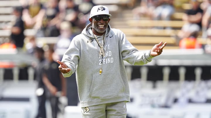 Sep 6, 2025; Boulder, Colorado, USA; Colorado Buffaloes head coach Deion Sanders before the game against the Delaware Fightin Blue Hens at Folsom Field. Mandatory Credit: Ron Chenoy-Imagn Images