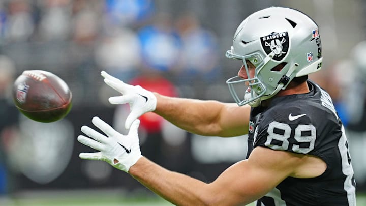 Jan 5, 2025; Paradise, Nevada, USA; Las Vegas Raiders tight end Brock Bowers (89) warms up before a game against the Los Angeles Chargers at Allegiant Stadium. Mandatory Credit: Stephen R. Sylvanie-Imagn Images