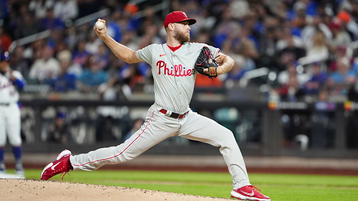 Sep 22, 2024; New York City, New York, USA;  Philadelphia Phillies pitcher Zack Wheeler (45) delivers a pitch against the New York Mets during the first inning at Citi Field. 