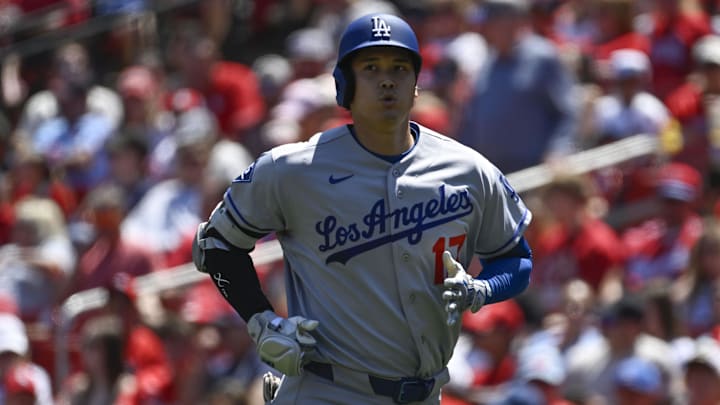 May 3, 2026; St. Louis, Missouri, USA; Los Angeles Dodgers designated hitter Shohei Ohtani (17) looks on during a game against the St. Louis Cardinals in the first inning at Busch Stadium. Mandatory Credit: Joe Puetz-Imagn Images