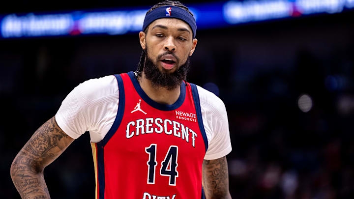 Nov 4, 2024; New Orleans, Louisiana, USA;  New Orleans Pelicans forward Brandon Ingram (14) looks on against the Portland Trail Blazers during the second half at Smoothie King Center. Mandatory Credit: Stephen Lew-Imagn Images