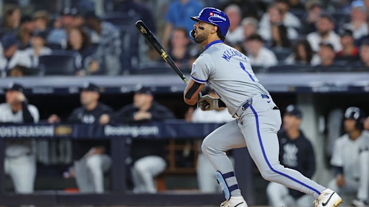 Oct 5, 2024; Bronx, New York, USA; Kansas City Royals outfielder MJ Melendez (1) hits a two run home run during the fourth inning against the New York Yankees during game one of the ALDS for the 2024 MLB Playoffs at Yankee Stadium. Mandatory Credit: Brad Penner-Imagn Images