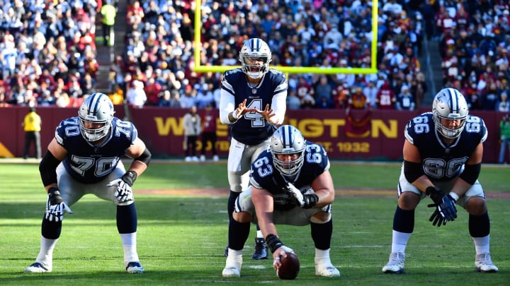 Dec 12, 2021; Landover, Maryland, USA; Dallas Cowboys guard Zack Martin (70) and center Tyler