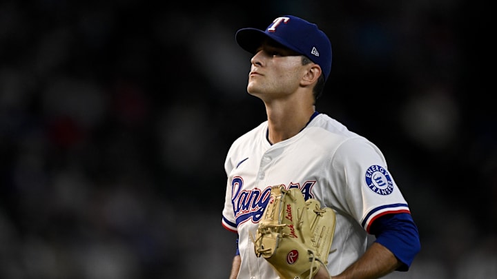 Texas Rangers starting pitcher Jack Leiter (35) pauses before throwing the first pitch in the game between the Texas Rangers and the Cleveland Guardians at Globe Life Field. 