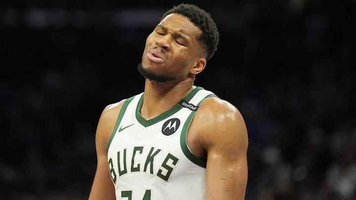 Milwaukee Bucks forward Giannis Antetokounmpo (34) reacts (Mandatory Credit: Darren Yamashita-Imagn Images)