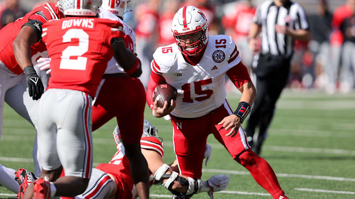 Oct 26, 2024; Columbus, Ohio, USA; Nebraska Cornhuskers quarterback Dylan Raiola (15) runs the ball during the third quarter against the Ohio State Buckeyes at Ohio Stadium. Mandatory Credit: Joseph Maiorana-Imagn Images