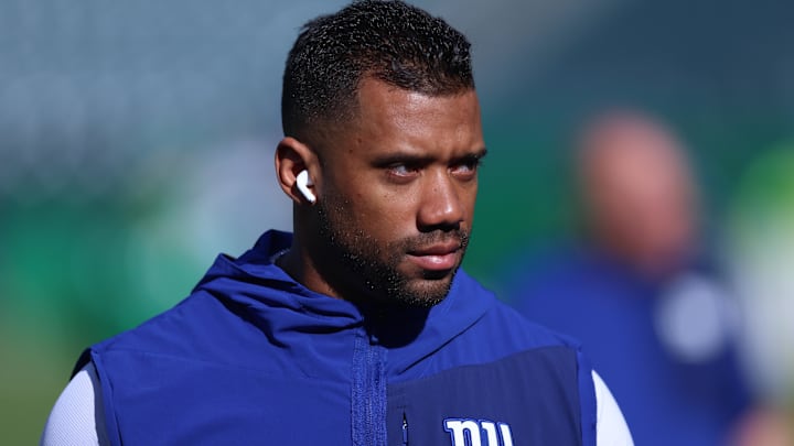 New York Giants quarterback Russell Wilson before a game against the Philadelphia Eagles at Lincoln Financial Field.