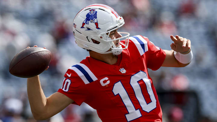 Sep 21, 2025; Foxborough, Massachusetts, USA; New England Patriots quarterback Drake Maye (10) warms up before the game aginst the Pittsburgh Steelers at Gillette Stadium. Mandatory Credit: Paul Rutherford-Imagn Images