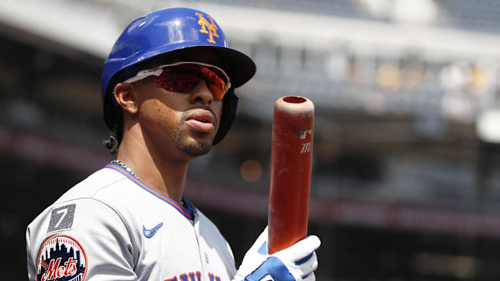 Jun 29, 2025; Pittsburgh, Pennsylvania, USA;  New York Mets shortstop Francisco Lindor (12) in the on-deck circle against the Pittsburgh Pirates during the fifth inning at PNC Park. Mandatory Credit: Charles LeClaire-Imagn Images