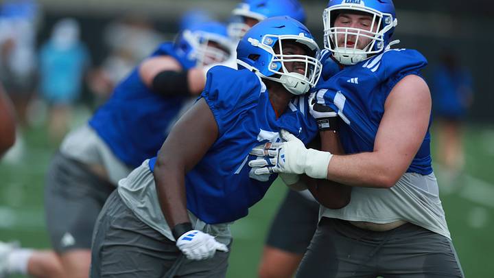 Kansas sophomore offensive lineman
DeAndre Harper (72) works with redshirt sophomore defensive tackle Grady Seyfert (is 71) during practice at the outdoor practice fields in Lawrence on July 24, 2025. Kansas sophomore offensive lineman
DeAndre Harper (72) works with redshirt sophomore defensive tackle Grady Seyfert (is 71) during practice at the outdoor practice fields in Lawrence on July 24, 2025.