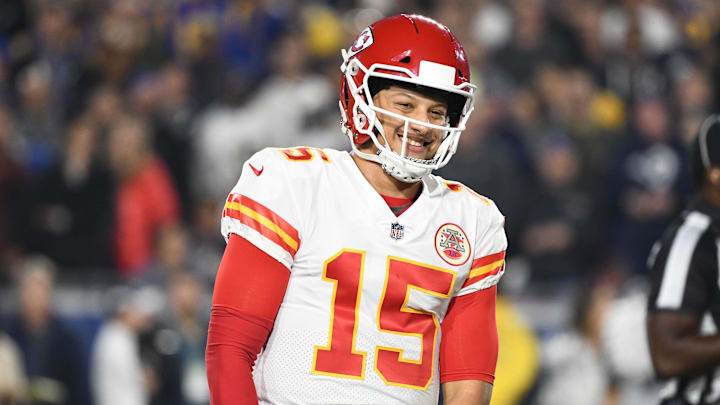 Nov 19, 2018; Los Angeles, CA: Kansas City Chiefs quarterback Patrick Mahomes (15) smiles during a timeout in the second quarter against the Los Angeles Rams at the Los Angeles Memorial Coliseum. Mandatory Credit: Robert Hanashiro-Imagn Images
