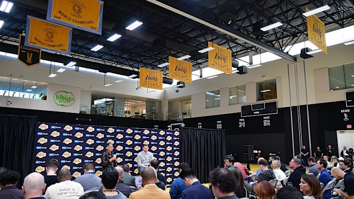 Feb 4, 2025; El Segundo, CA, USA; Los Angeles Lakers guard Luka Doncic is introduced at UCLA Health Training Center. Mandatory Credit: Gary A. Vasquez-Imagn Images