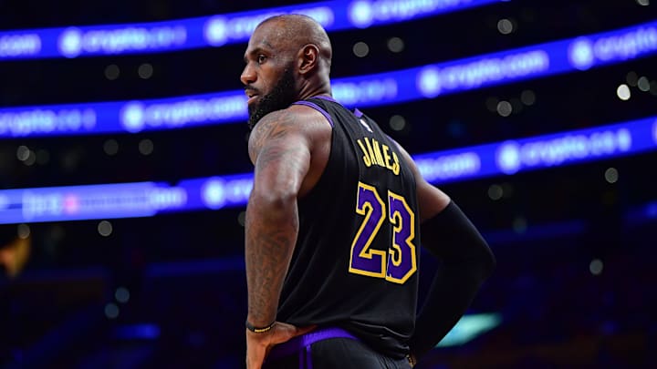 May 11, 2026; Los Angeles, California, USA; Los Angeles Lakers forward LeBron James (23) during the second half in game four of the second round of the 2026 NBA Playoffs at Crypto.com Arena. Mandatory Credit: Gary A. Vasquez-Imagn Images