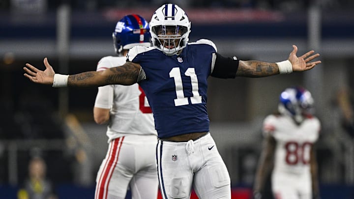 Dallas Cowboys EDGE Micah Parsons celebrates after he sacks New York Giants quarterback Daniel Jones. Dallas Cowboys EDGE Micah Parsons celebrates after he sacks New York Giants quarterback Daniel Jones.