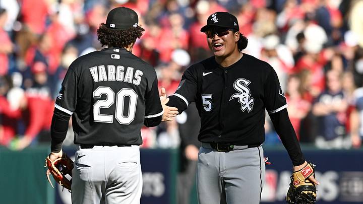 Oct 3, 2026; Cleveland, Ohio, USA; Chicago White Sox first baseman Munetaka Murakami (5) celebrates with Chicago White Sox third baseman Miguel Vargas (20) after the game against the Cleveland Guardians in game one of the ALDS for the 2026 MLB Playoffs at Progressive Field. Mandatory Credit: Ken Blaze-Imagn Images Oct 3, 2026; Cleveland, Ohio, USA; Chicago White Sox first baseman Munetaka Murakami (5) celebrates with Chicago White Sox third baseman Miguel Vargas (20) after the game against the Cleveland Guardians in game one of the ALDS for the 2026 MLB Playoffs at Progressive Field. Mandatory Credit: Ken Blaze-Imagn Images