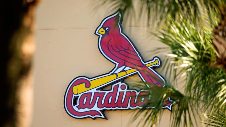 Feb 26, 2021; Jupiter, Florida, USA; A general view of the St. Louis Cardinals logo on the stadium at Roger Dean Stadium during spring training workouts. Mandatory Credit: Jasen Vinlove-Imagn Images