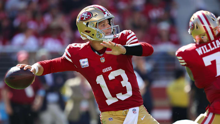 Sep 29, 2024; Santa Clara, California, USA; San Francisco 49ers quarterback Brock Purdy (13) throws a pass against the New England Patriots during the third quarter at Levi's Stadium. Mandatory Credit: Sergio Estrada-Imagn Images Sep 29, 2024; Santa Clara, California, USA; San Francisco 49ers quarterback Brock Purdy (13) throws a pass against the New England Patriots during the third quarter at Levi's Stadium. Mandatory Credit: Sergio Estrada-Imagn Images