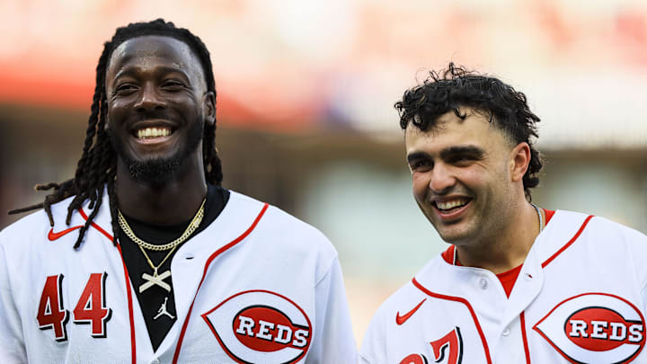 Mar 26, 2026; Cincinnati, Ohio, USA; Cincinnati Reds shortstop Elly de la Cruz (44) and first baseman Sal Stewart (27) walk off the field at the end of the sixth inning against the Boston Red Sox at Great American Ball Park. Mandatory Credit: Katie Stratman-Imagn Images