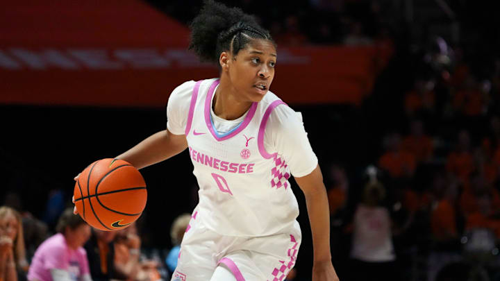 Tennessee guard Jewel Spear (0) dribbles the ball during a women's college basketball game between the Lady Vols and Auburn at Thompson-Boling Arena at Food City Center in Knoxville on Thursday, February 13, 2025.