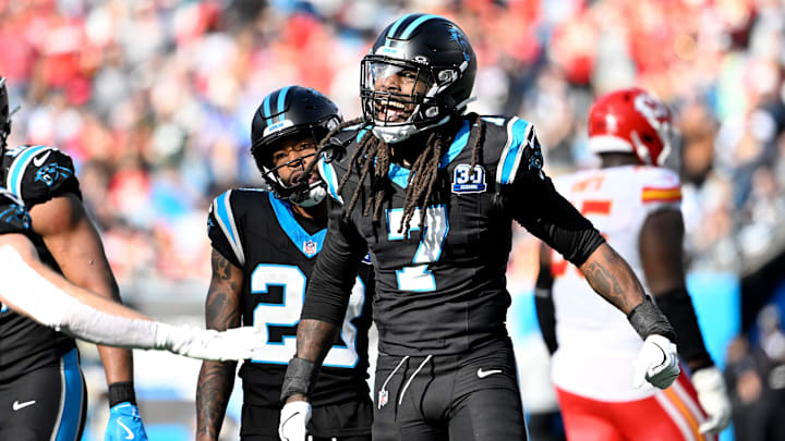 Carolina Panthers linebacker Jadeveon Clowney reacts after making a sack.