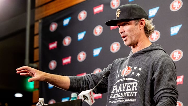 May 10, 2024; Santa Clara, CA, USA; San Francisco 49ers defensive coordinator Nick Sorensen holds a press conference before the 49ers rookie minicamp at Levi’s Stadium in Santa Clara, CA. Mandatory Credit: Robert Kupbens-USA TODAY Sports May 10, 2024; Santa Clara, CA, USA; San Francisco 49ers defensive coordinator Nick Sorensen holds a press conference before the 49ers rookie minicamp at Levi’s Stadium in Santa Clara, CA. Mandatory Credit: Robert Kupbens-USA TODAY Sports