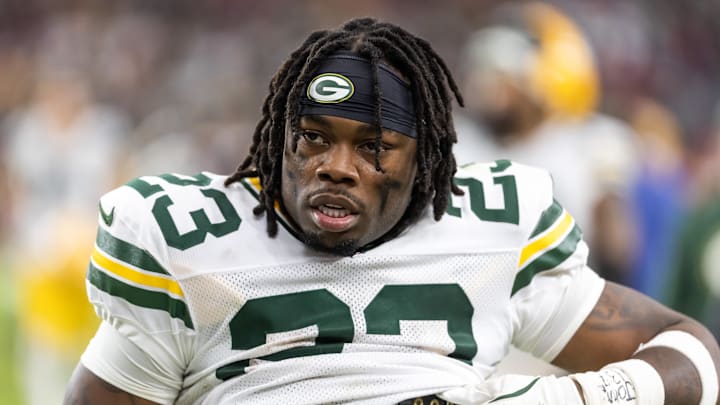 Green Bay Packers running back Emanuel Wilson (23) against the Arizona Cardinals at State Farm Stadium. 