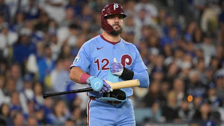 Oct 8, 2025; Los Angeles, California, USA; Philadelphia Phillies designated hitter Kyle Schwarber (12) looks on during the seventh inning against the Los Angeles Dodgers during game three of the NLDS round for the 2025 MLB playoffs at Dodger Stadium. Mandatory Credit: Jayne Kamin-Oncea-Imagn Images