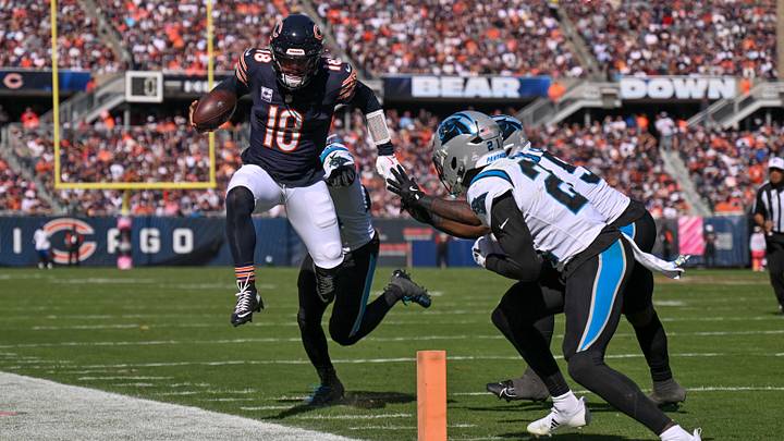 Bears quarterback Caleb Williams scrambles to set up a touchdown in the Bears' 2024 win over the Panthers at Soldier Field. Bears quarterback Caleb Williams scrambles to set up a touchdown in the Bears' 2024 win over the Panthers at Soldier Field.