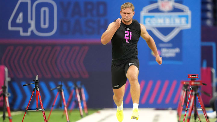 Feb 27, 2026; Indianapolis, IN, USA; Stanford tight end  Sam Roush (TE21) during the NFL Scouting Combine at Lucas Oil Stadium. Mandatory Credit: Kirby Lee-Imagn Images