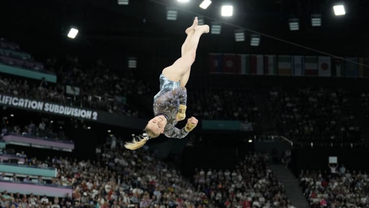 Jul 28, 2024; Paris, France; Jade Carey of the United States performs on the vault in womenís qualification during the Paris 2024 Olympic Summer Games at Bercy Arena. Mandatory Credit: Kyle Terada-USA TODAY Sports Jul 28, 2024; Paris, France; Jade Carey of the United States performs on the vault in womenís qualification during the Paris 2024 Olympic Summer Games at Bercy Arena. Mandatory Credit: Kyle Terada-USA TODAY Sports