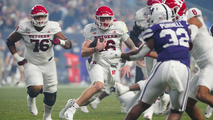 Rutgers quarterback Athan Kaliakmanis (16) scrambles against Kansas State during first half of the Rate Bowl at Chase Field on Dec. 26, 2024, in Phoenix.