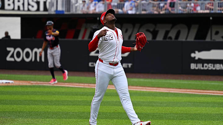 Aug 3, 2025; Bristol, Tennessee, USA; Cincinnati Reds pitcher Luis Mey (62) reacts during the fourth inning against the Atlanta Braves at Bristol Motor Speedway. Mandatory Credit: Bryan Lynn-Imagn Images
