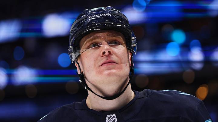 Feb 28, 2026; Seattle, Washington, USA;  Seattle Kraken right wing Kaapo Kakko (84) looks on during the second period against the Vancouver Canucks at Climate Pledge Arena. Mandatory Credit: Blake Dahlin-Imagn Images