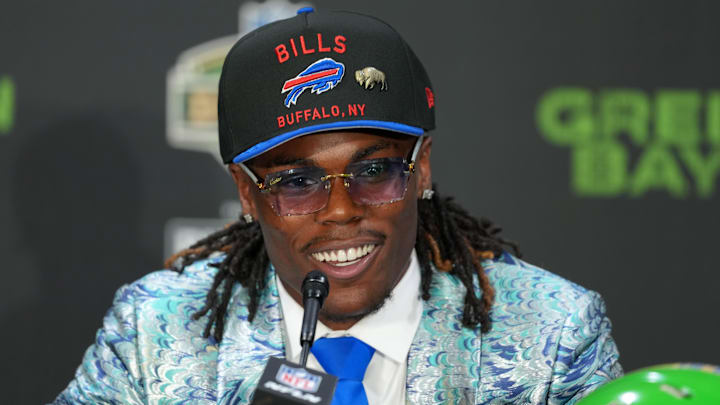 Apr 24, 2025; Green Bay, WI, USA; Maxwell Hairston speaks in a press conference after being selected by the Buffalo Bills. Apr 24, 2025; Green Bay, WI, USA; Maxwell Hairston speaks in a press conference after being selected by the Buffalo Bills.