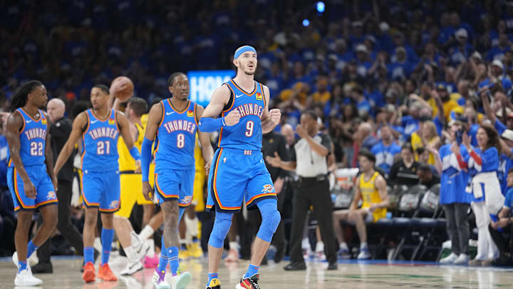 Jun 22, 2025; Oklahoma City, Oklahoma, USA; Oklahoma City Thunder guard Alex Caruso (9) reacts after a play against the Indiana Pacers during the second half of game seven of the 2025 NBA Finals at Paycom Center. Mandatory Credit: Kyle Terada-Imagn Images Jun 22, 2025; Oklahoma City, Oklahoma, USA; Oklahoma City Thunder guard Alex Caruso (9) reacts after a play against the Indiana Pacers during the second half of game seven of the 2025 NBA Finals at Paycom Center. Mandatory Credit: Kyle Terada-Imagn Images