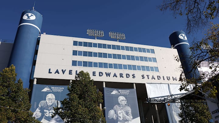 Oct 21, 2023; Provo, Utah, USA;  A general view of LaVell Edwards Stadium before a game between the Brigham Young Cougars and the Texas Tech Red Raiders. Mandatory Credit: Rob Gray-USA TODAY Sports