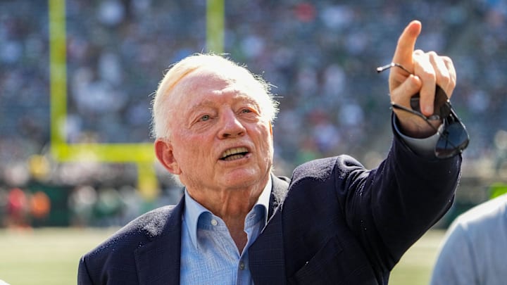 Dallas Cowboys Owner, President and general manager Jerry Jones stands on the field prior to a game against the New York Jets 