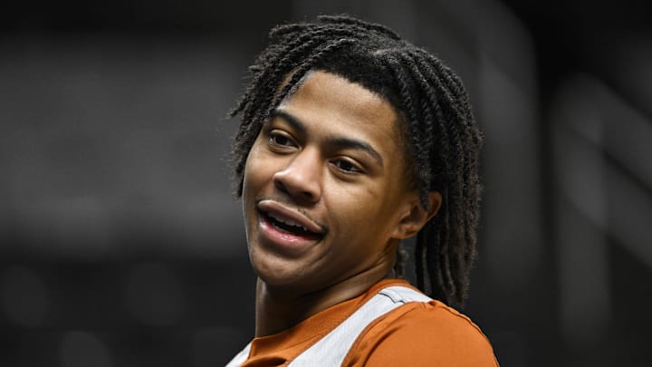 Texas Longhorns guard Simeon Wilcher looks on during a practice session ahead of the west regional of the men's 2026 NCAA Tournament at SAP Center. Texas Longhorns guard Simeon Wilcher looks on during a practice session ahead of the west regional of the men's 2026 NCAA Tournament at SAP Center.