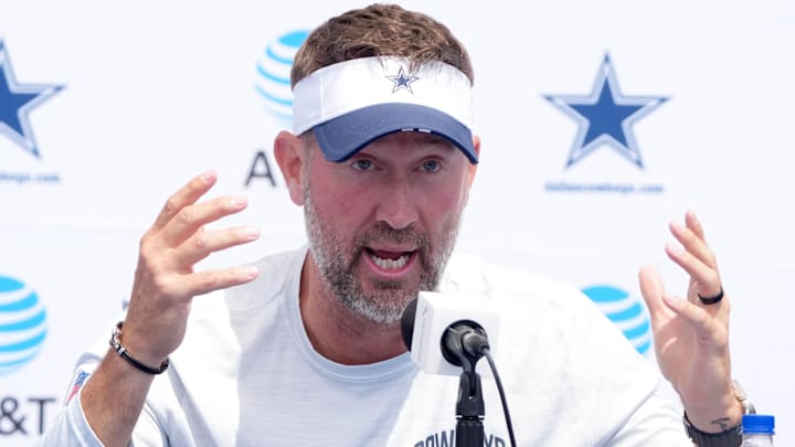 Jul 27, 2025; Oxnard, CA, USA; Dallas Cowboys coach Brian Schottenheimer at training camp press conference at the River Ridge Fields. Mandatory Credit: Kirby Lee-Imagn Images