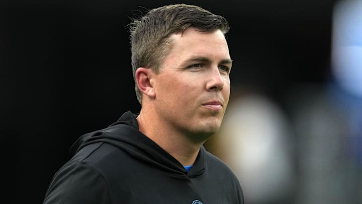 Aug 12, 2023; Inglewood, California, USA;  Los Angeles Chargers offensive coordinator Kellen Moore watches during the game against the Los Angeles Rams at SoFi Stadium. Mandatory Credit: Kirby Lee-Imagn Images