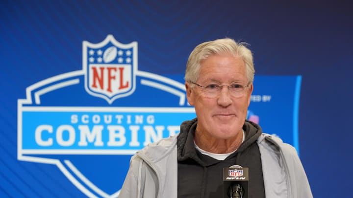Feb 25, 2025; Indianapolis, IN, USA; Las Vegas Raiders coach Pete Carroll speaks during the NFL Scouting Combine at the Indiana Convention Center. Mandatory Credit: Kirby Lee-Imagn Images