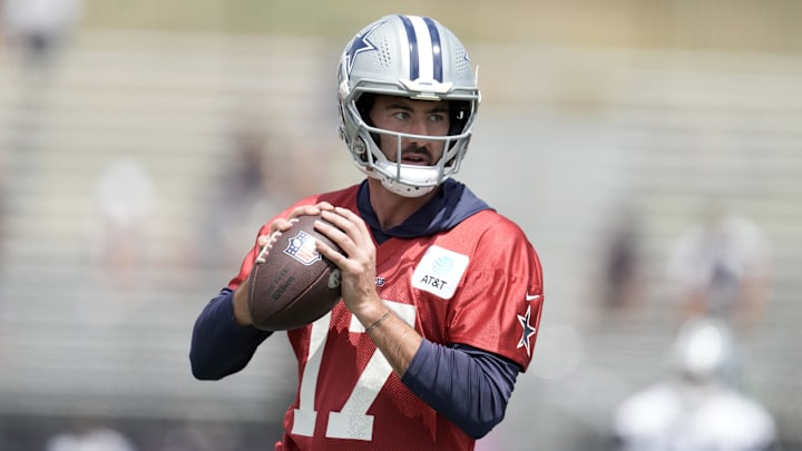 Dallas Cowboys quarterback Ben Dinucci (17) throws the ball during training camp at the River Ridge Fields.