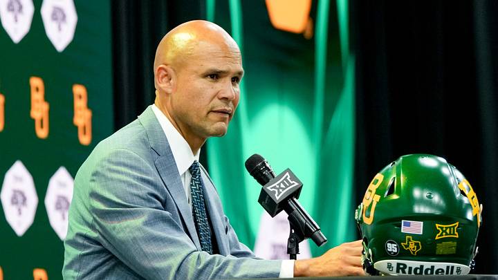 Jul 7, 2026; Frisco, TX, USA;  Baylor head coach Dave Aranda speaks to reporters