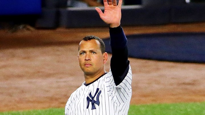 Aug 12, 2016; Bronx, NY, USA; New York Yankees designated hitter Alex Rodriguez (13) waves to the fans during a pregame ceremony honoring him prior to him playing in his last game as a Yankee prior to the game against the Tampa Bay Rays at Yankee Stadium. Mandatory Credit: Andy Marlin-Imagn Images