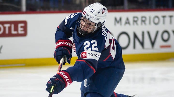 USA's Tessa Janecke shoots the puck at the Adirondack Bank Center in Utica, New York. 