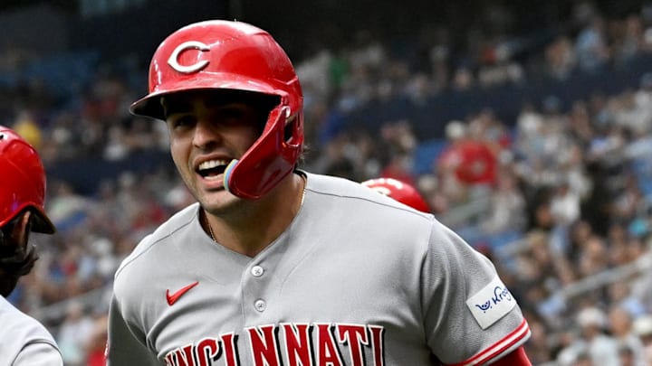 Apr 20, 2026; St. Petersburg, Florida, USA; Cincinnati Reds first baseman Sal Stewart (27) celebrates after hitting a two run home run in the first inning against the Tampa Bay Rays at Tropicana Field. Mandatory Credit: Jonathan Dyer-Imagn Images