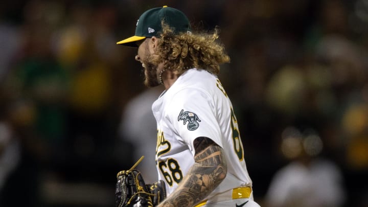 Jul 3, 2024; Oakland, California, USA; Oakland Athletics starting pitcher Joey Estes (68) reacts after striking out Los Angeles Angels left fielder Taylor Ward for the final out of a complete game shutout at Oakland-Alameda County Coliseum. Mandatory Credit: D. Ross Cameron-USA TODAY Sports