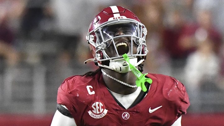 Sep 28, 2024; Tuscaloosa, Alabama, USA;  Alabama Crimson Tide linebacker Deontae Lawson (0) celebrates after sacking Georgia Bulldogs quarterback Carson Beck (not pictured) at Bryant-Denny Stadium. Alabama defeated Georgia 41-34. Mandatory Credit: Gary Cosby Jr.-Imagn Images