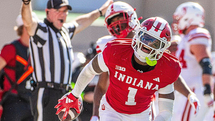 Indiana's Shawn Asbruy II celebrates his interception the Indiana versus Nebraska football game on Saturday, Oct. 19, 2024.